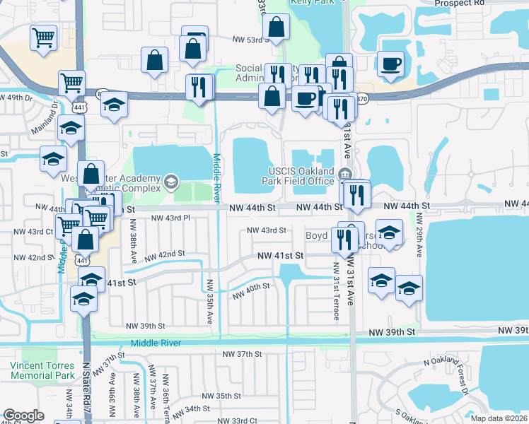 map of restaurants, bars, coffee shops, grocery stores, and more near 3284 Northwest 43rd Place in Fort Lauderdale