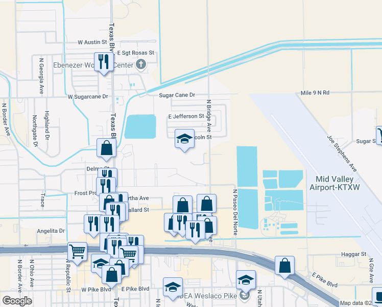 map of restaurants, bars, coffee shops, grocery stores, and more near 2001 North Bridge Avenue in Weslaco