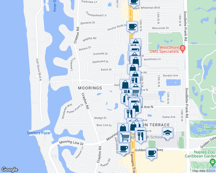 map of restaurants, bars, coffee shops, grocery stores, and more near 690 Harbour Drive in Naples