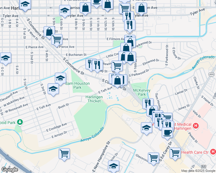 map of restaurants, bars, coffee shops, grocery stores, and more near 1126 South Commerce Street in Harlingen