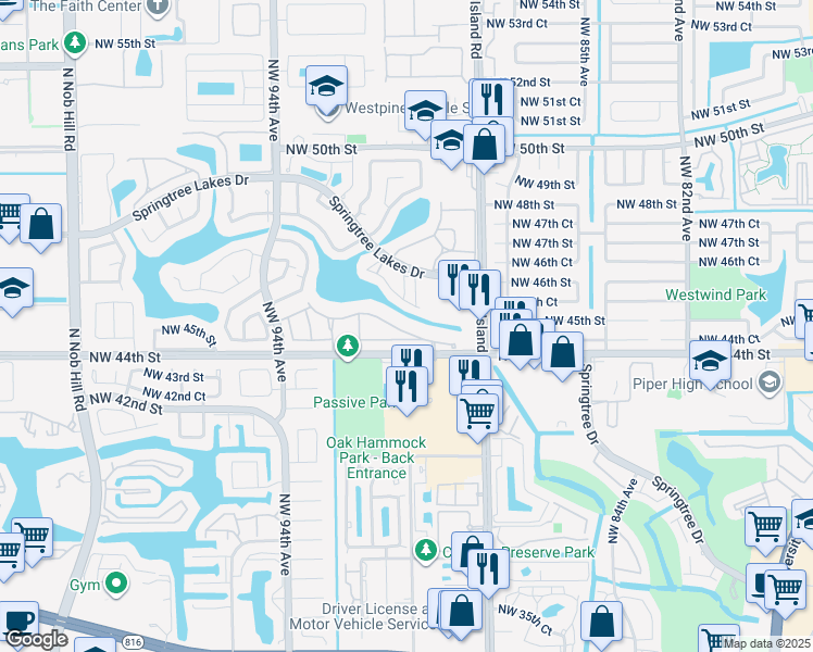 map of restaurants, bars, coffee shops, grocery stores, and more near 9104 Northwest 44th Court in Sunrise