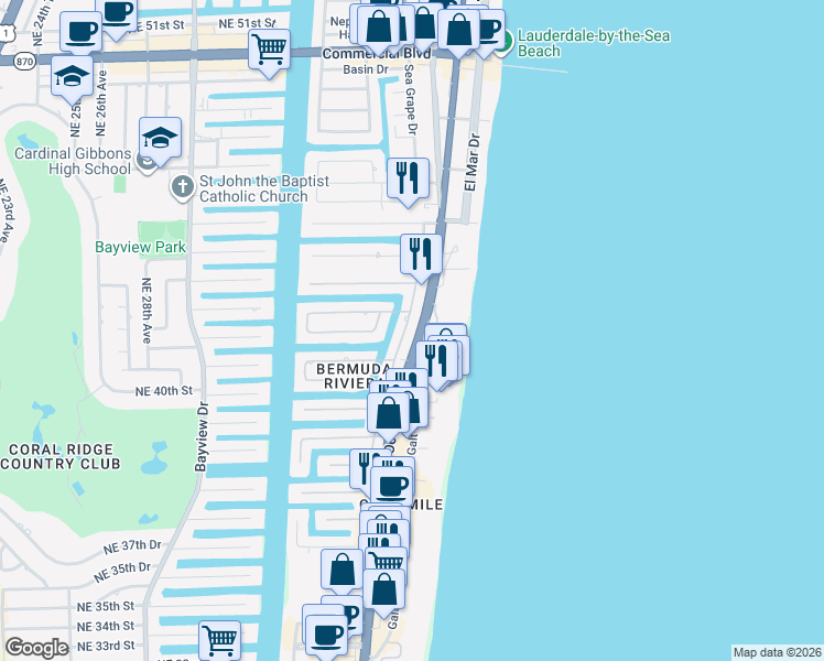 map of restaurants, bars, coffee shops, grocery stores, and more near 4101 North Ocean Boulevard in Fort Lauderdale