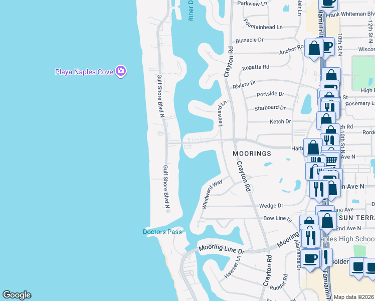 map of restaurants, bars, coffee shops, grocery stores, and more near 222 Harbour Drive in Naples