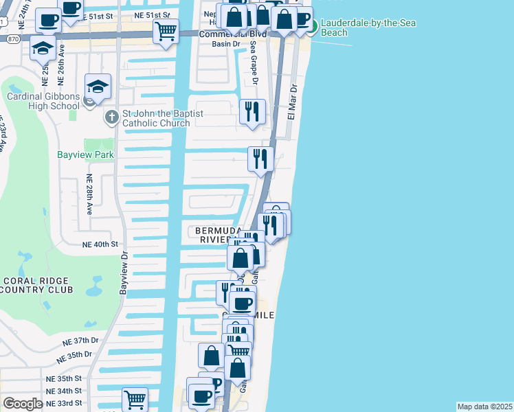 map of restaurants, bars, coffee shops, grocery stores, and more near 4101 North Ocean Boulevard in Fort Lauderdale