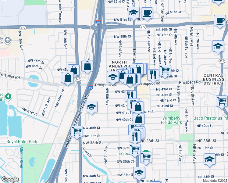 map of restaurants, bars, coffee shops, grocery stores, and more near 321 Northwest 43rd Street in Oakland Park