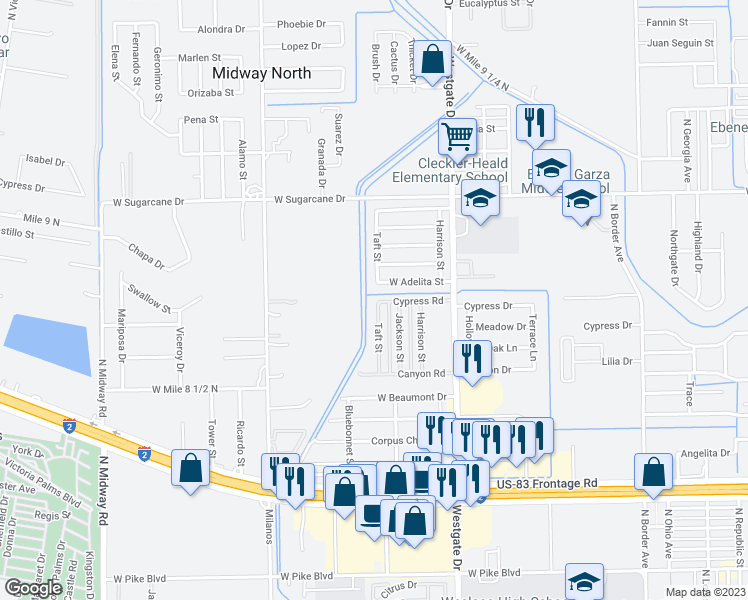 map of restaurants, bars, coffee shops, grocery stores, and more near 2103 Taft Street in Weslaco