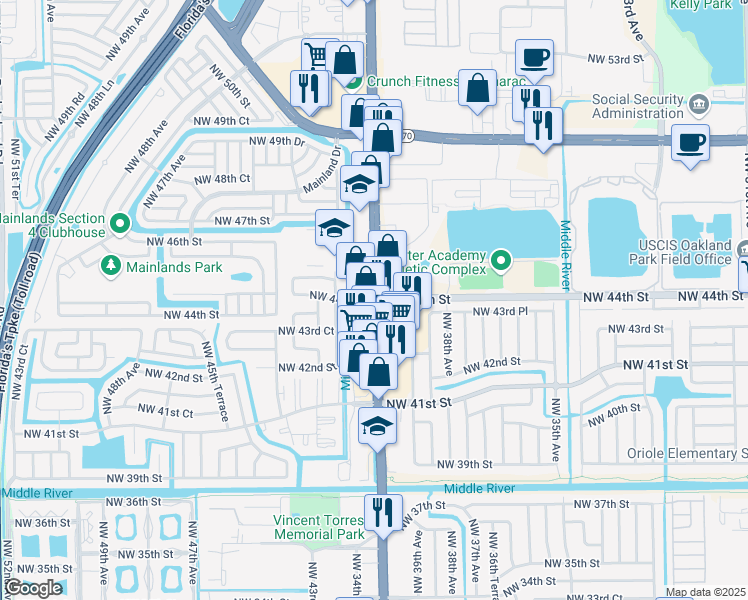 map of restaurants, bars, coffee shops, grocery stores, and more near 4515 Florida 7 in Lauderdale Lakes