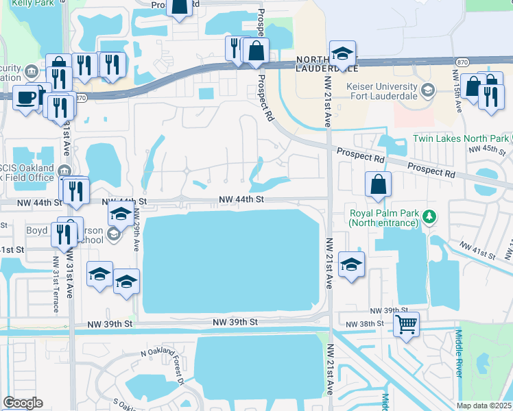 map of restaurants, bars, coffee shops, grocery stores, and more near 105 Lake Emerald Drive in Oakland Park