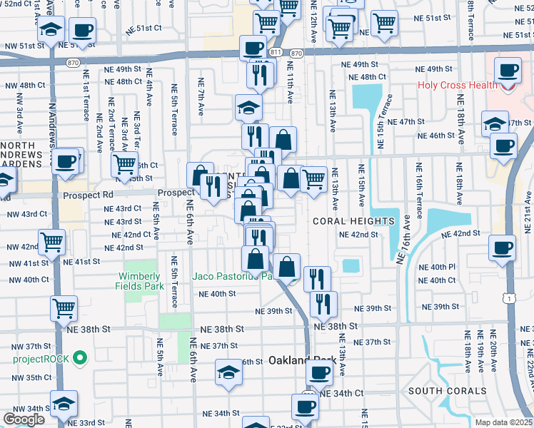 map of restaurants, bars, coffee shops, grocery stores, and more near 4250 North Dixie Highway in Oakland Park