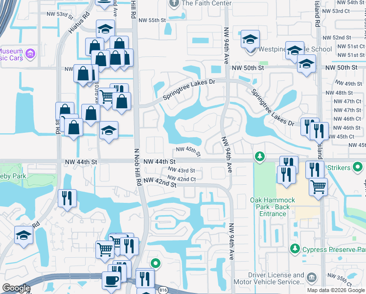 map of restaurants, bars, coffee shops, grocery stores, and more near 9673 Northwest 45th Street in Sunrise
