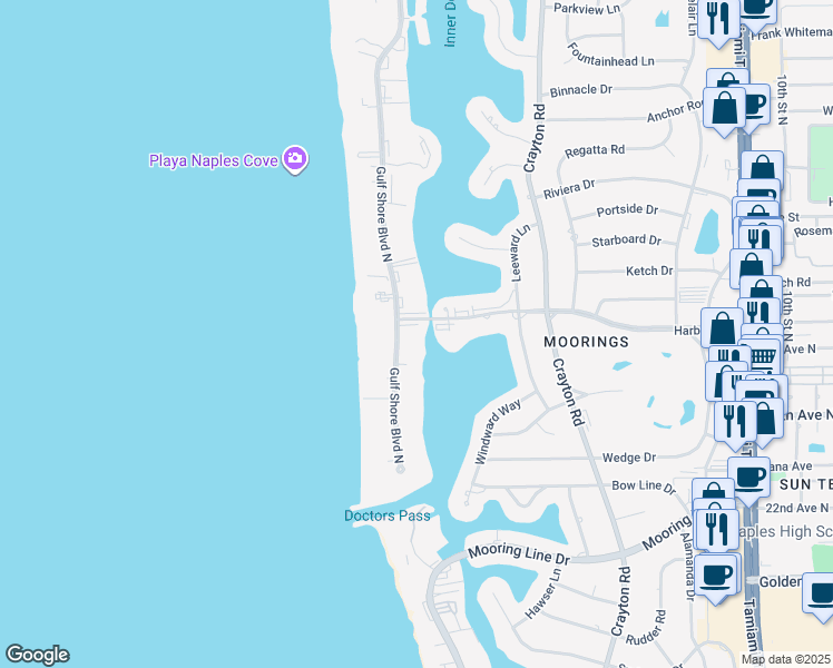 map of restaurants, bars, coffee shops, grocery stores, and more near 2900 Gulf Shore Boulevard North in Naples