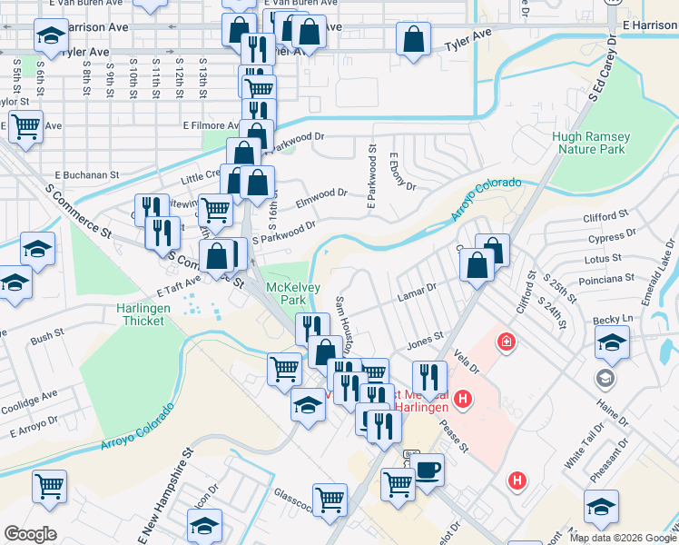 map of restaurants, bars, coffee shops, grocery stores, and more near 1619 Sam Houston Drive in Harlingen