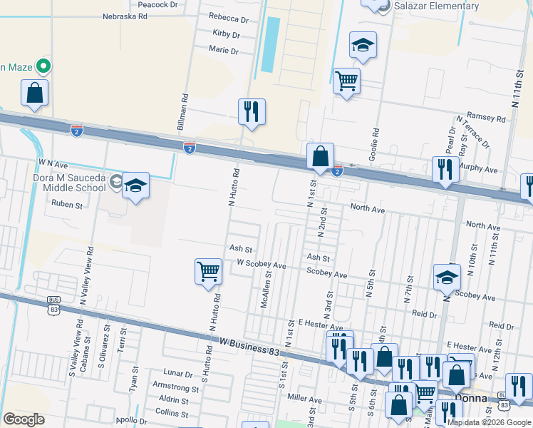 map of restaurants, bars, coffee shops, grocery stores, and more near 404 Date Palm Avenue in Donna