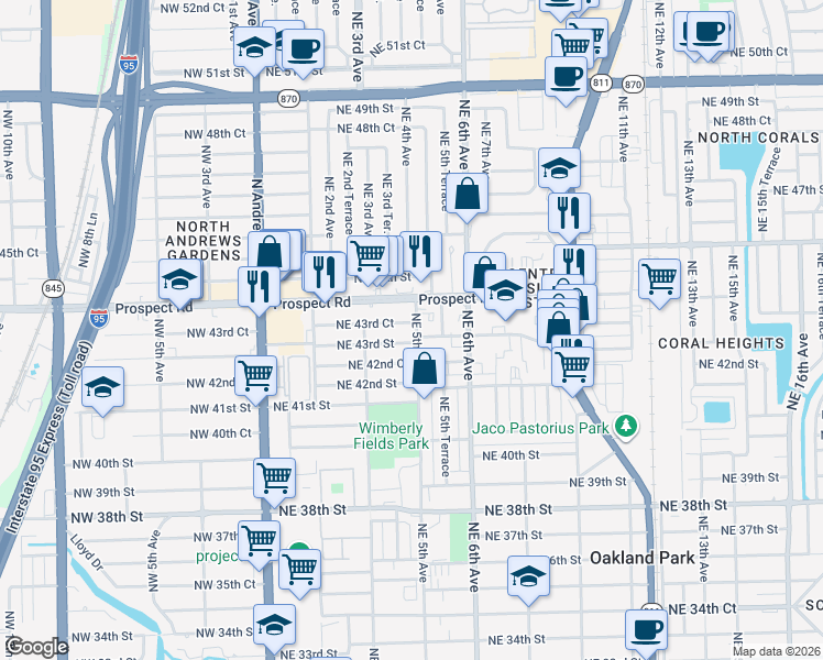 map of restaurants, bars, coffee shops, grocery stores, and more near 510 Prospect Road in Oakland Park