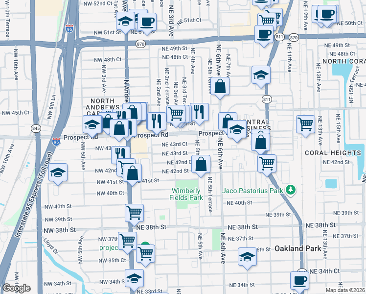map of restaurants, bars, coffee shops, grocery stores, and more near 360 Northeast 44th Street in Oakland Park