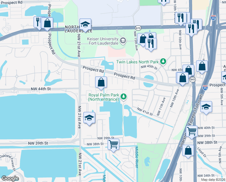 map of restaurants, bars, coffee shops, grocery stores, and more near 4455 Northwest 17th Terrace in Oakland Park