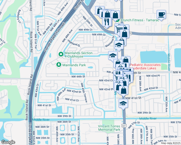 map of restaurants, bars, coffee shops, grocery stores, and more near 4407 Northwest 45th Street in Tamarac
