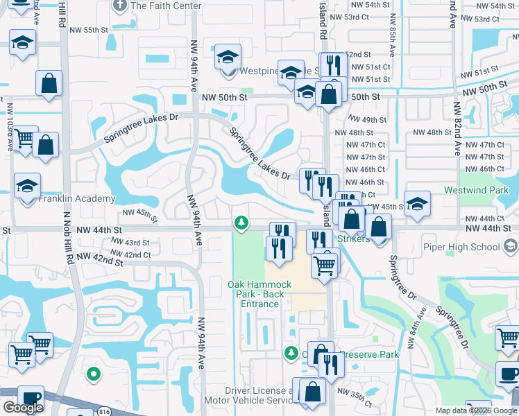 map of restaurants, bars, coffee shops, grocery stores, and more near 9201 Northwest 45th Street in Sunrise