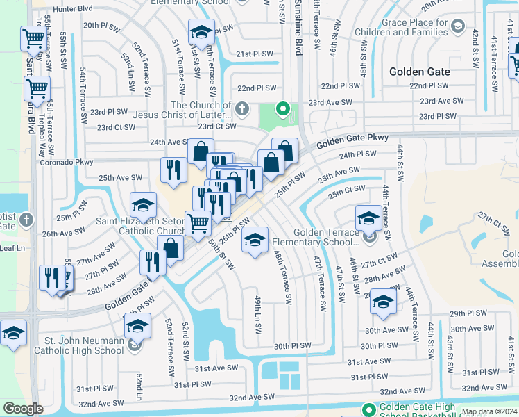 map of restaurants, bars, coffee shops, grocery stores, and more near 4794 Golden Gate Parkway in Naples