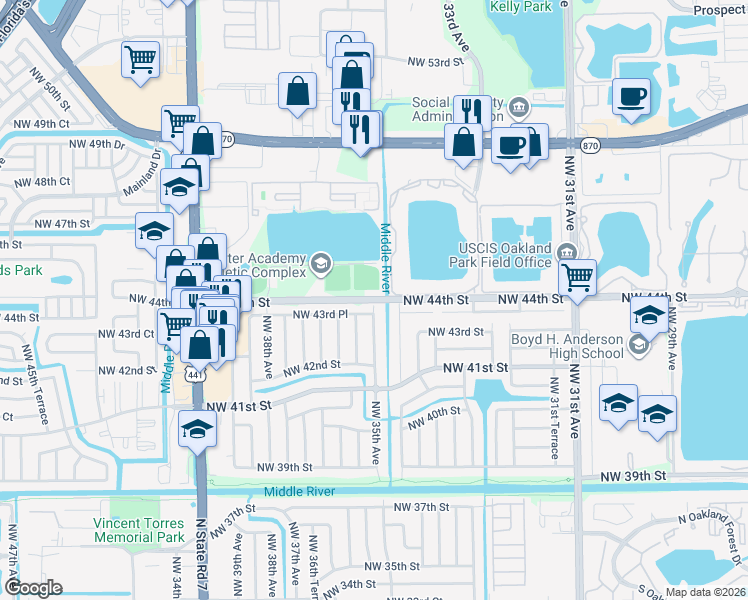 map of restaurants, bars, coffee shops, grocery stores, and more near 3499 Northwest 44th Street in Lauderdale Lakes