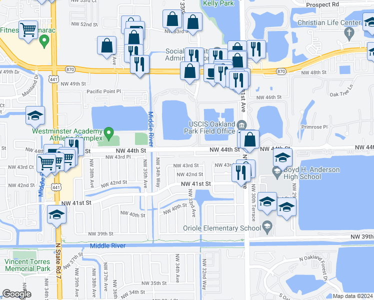 map of restaurants, bars, coffee shops, grocery stores, and more near 3370 Northwest 44th Street in Oakland Park