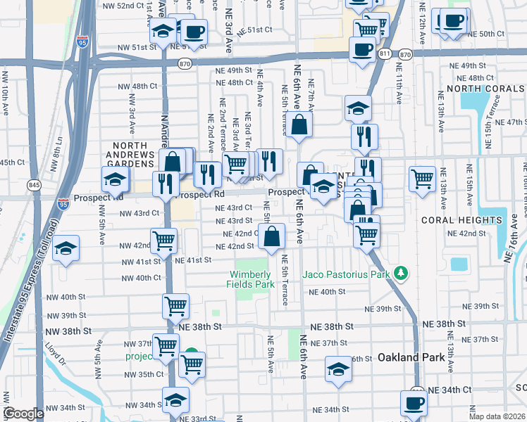 map of restaurants, bars, coffee shops, grocery stores, and more near 510 Prospect Road in Oakland Park
