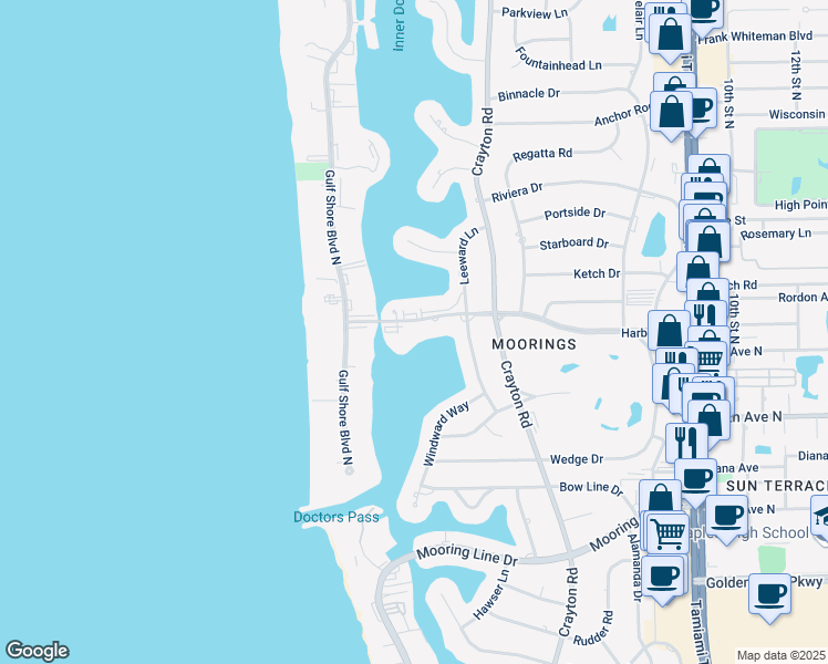 map of restaurants, bars, coffee shops, grocery stores, and more near 333 Harbour Drive in Naples
