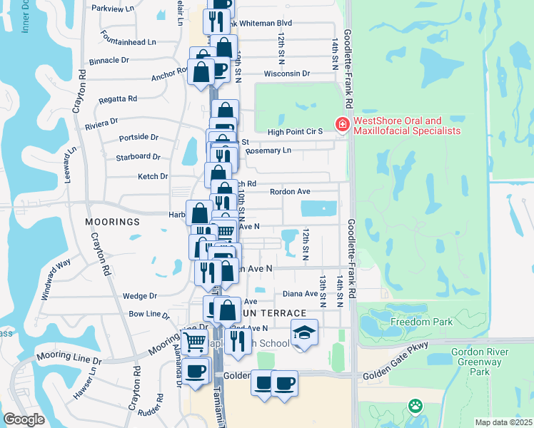 map of restaurants, bars, coffee shops, grocery stores, and more near 1151 29th Avenue North in Naples