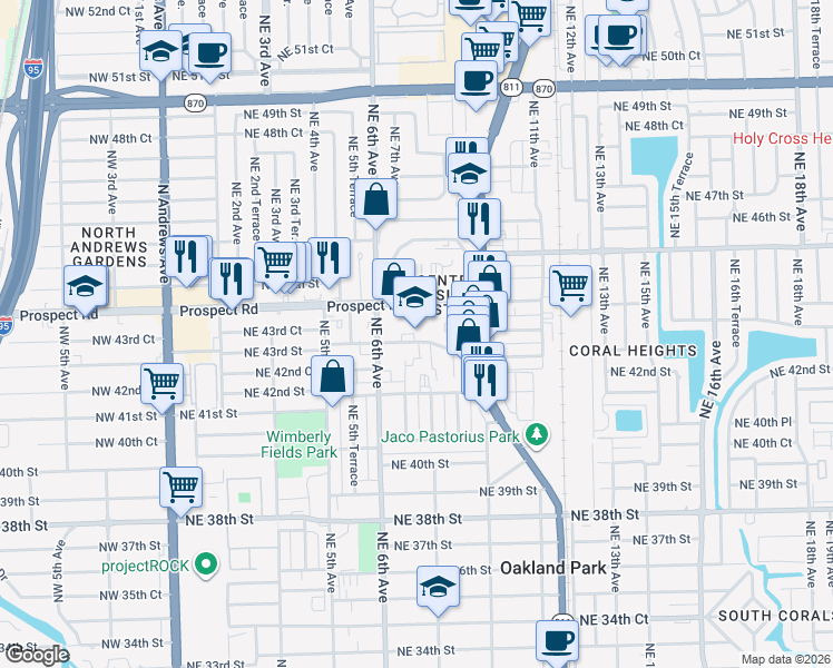 map of restaurants, bars, coffee shops, grocery stores, and more near in Oakland Park