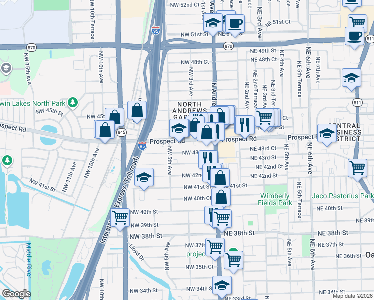 map of restaurants, bars, coffee shops, grocery stores, and more near 330 Prospect Road in Oakland Park