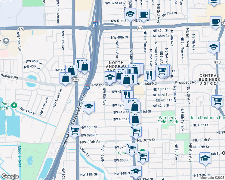map of restaurants, bars, coffee shops, grocery stores, and more near 330 Prospect Road in Oakland Park