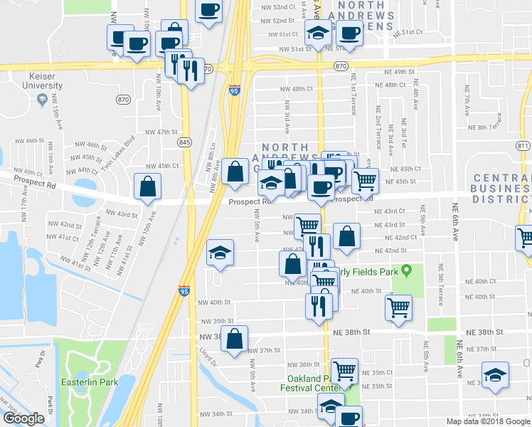 map of restaurants, bars, coffee shops, grocery stores, and more near 500 Prospect Road in Oakland Park
