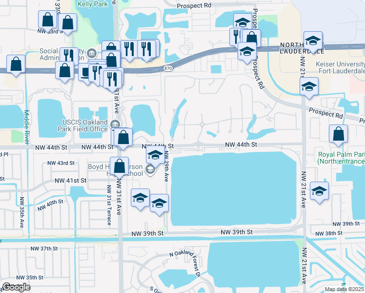 map of restaurants, bars, coffee shops, grocery stores, and more near 2800 Northwest 44th Street in Oakland Park