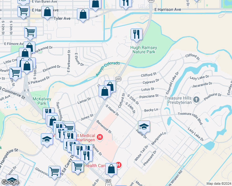 map of restaurants, bars, coffee shops, grocery stores, and more near 21 South 25th Street in Harlingen