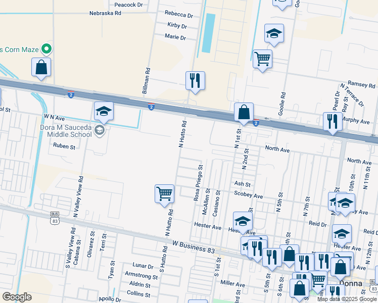 map of restaurants, bars, coffee shops, grocery stores, and more near 412 Date Palm Avenue in Donna