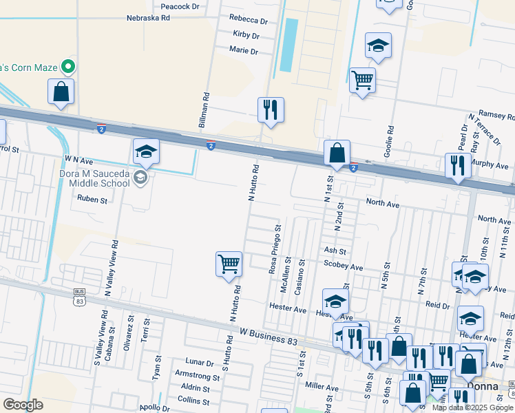 map of restaurants, bars, coffee shops, grocery stores, and more near 412 Date Palm Avenue in Donna