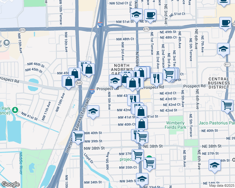 map of restaurants, bars, coffee shops, grocery stores, and more near 330 Prospect Road in Oakland Park