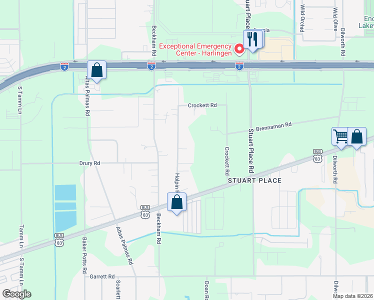 map of restaurants, bars, coffee shops, grocery stores, and more near 26034 Halpin Road in Harlingen