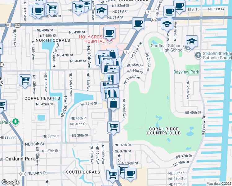 map of restaurants, bars, coffee shops, grocery stores, and more near 4331 North Federal Highway in Fort Lauderdale