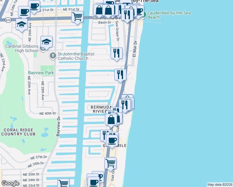 map of restaurants, bars, coffee shops, grocery stores, and more near 4201 Northeast 34th Avenue in Fort Lauderdale