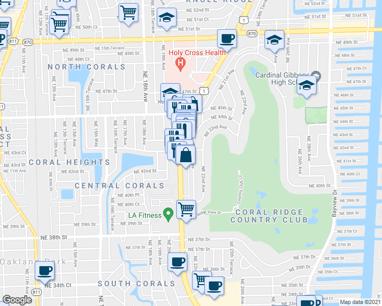map of restaurants, bars, coffee shops, grocery stores, and more near 4301 Northeast 22nd Avenue in Fort Lauderdale