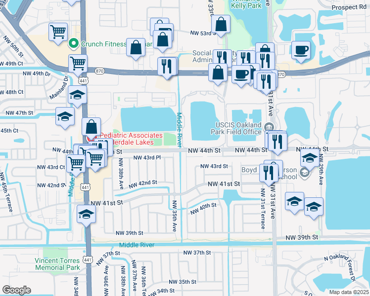 map of restaurants, bars, coffee shops, grocery stores, and more near 3413 Northwest 44th Street in Lauderdale Lakes