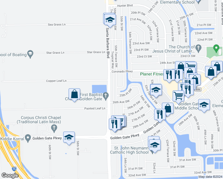 map of restaurants, bars, coffee shops, grocery stores, and more near 2514 Santa Barbara Boulevard in Naples