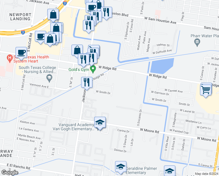 map of restaurants, bars, coffee shops, grocery stores, and more near 1702 West Garrison Drive in Pharr