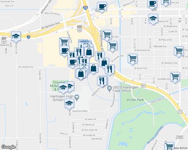 map of restaurants, bars, coffee shops, grocery stores, and more near 1801 West Lincoln Street in Harlingen