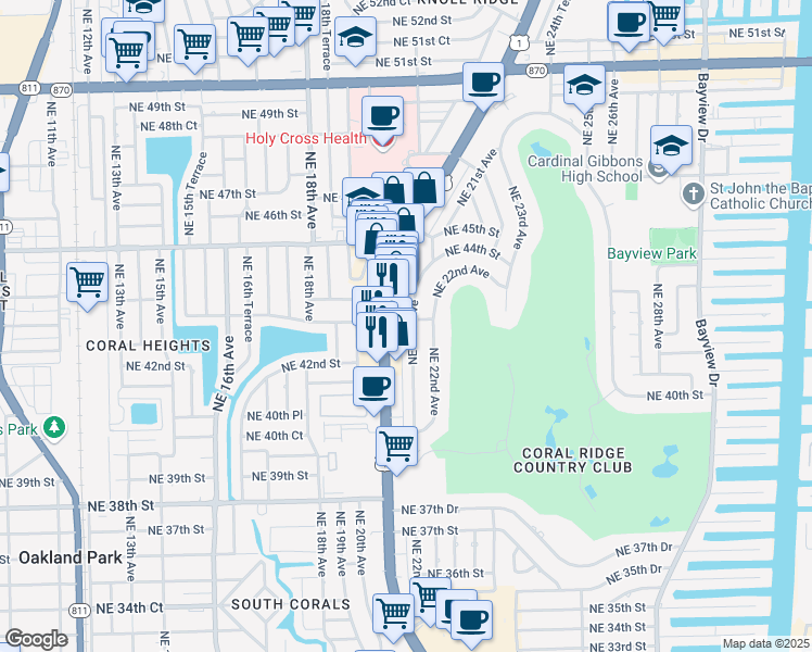 map of restaurants, bars, coffee shops, grocery stores, and more near 4213 Northeast 21st Avenue in Fort Lauderdale