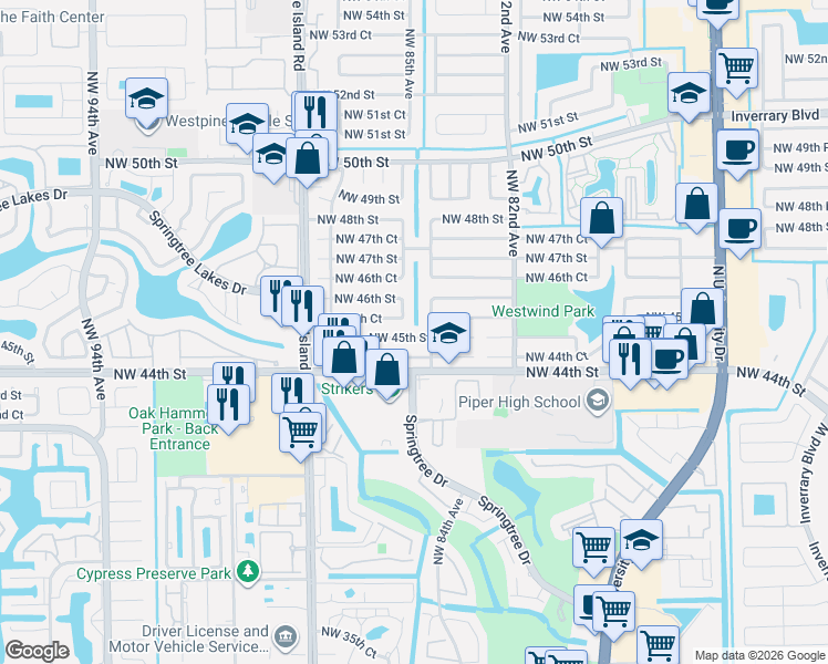 map of restaurants, bars, coffee shops, grocery stores, and more near 4521 Northwest 84th Avenue in Lauderhill