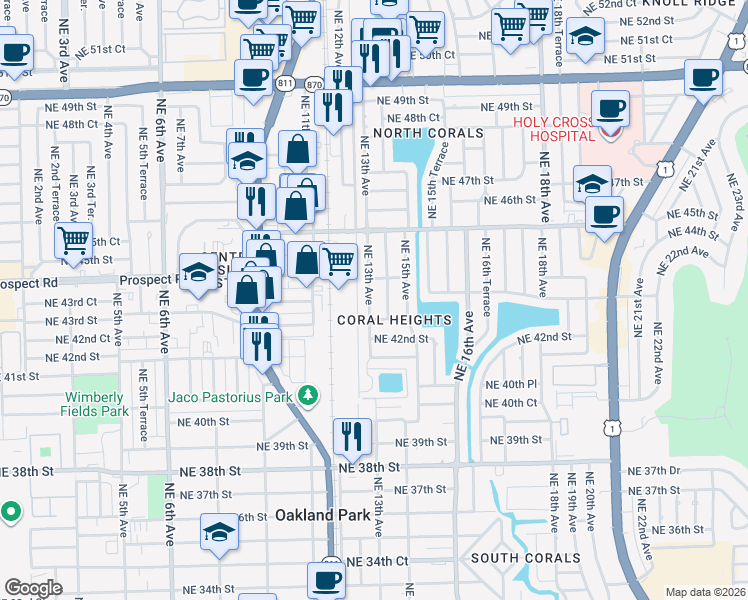 map of restaurants, bars, coffee shops, grocery stores, and more near 4360 Northeast 13th Avenue in Oakland Park