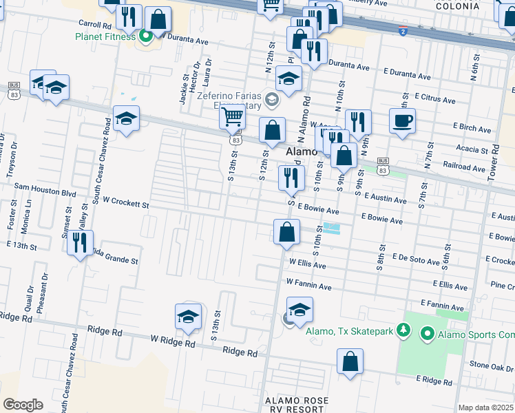 map of restaurants, bars, coffee shops, grocery stores, and more near 318 South 12th Street in Alamo