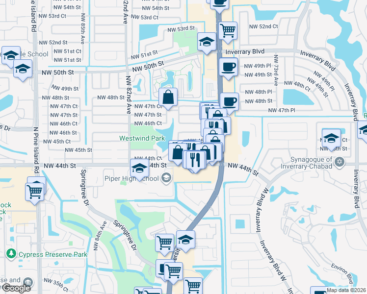map of restaurants, bars, coffee shops, grocery stores, and more near 7780 Northwest 45th Court in Lauderhill